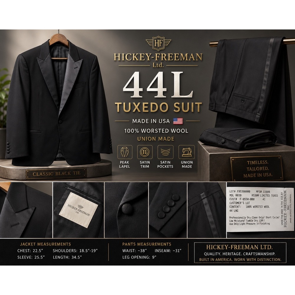 Hickey Freeman 44L Black Wool Tuxedo Suit Peak Lapel Satin Trim USA Made
